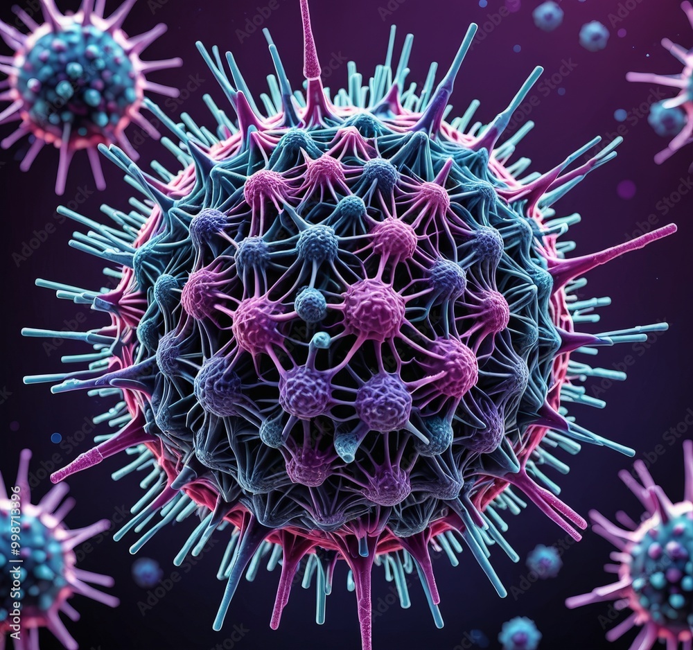 Poster a virus particle, with a complex structure of spikes and spikes in shades of blue and purple against