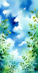 Obraz premium a serene watercolor painting sky with fluffy white clouds and green leaves The painting is in a loose, fluid style, with the leaves and clouds appearing to sway