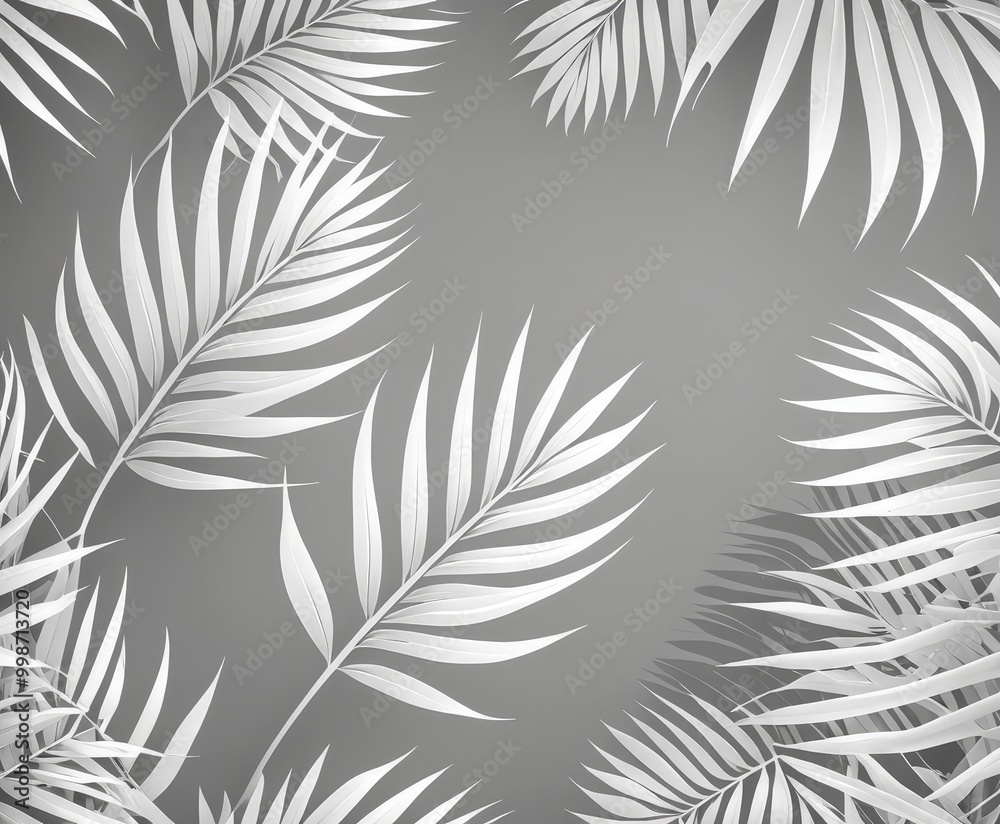Poster a monochromatic image of palm leaves against a gray background, with the leaves arranged in a diagon