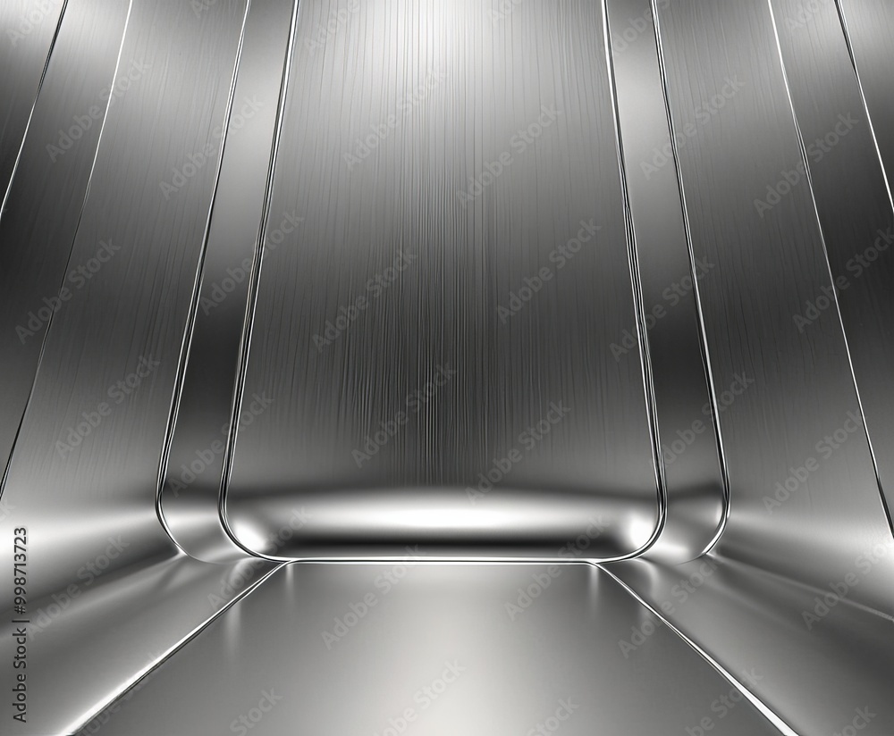 Aufkleber a metallic surface with a reflective, shiny texture, creating a sense of depth and space The perspective is from the bottom left corner, looking upwards towards the center of