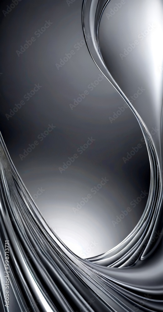 Poster a dark, abstract background with a curved, metallic texture that resembles the shape of a wave or a metallic ribbon.