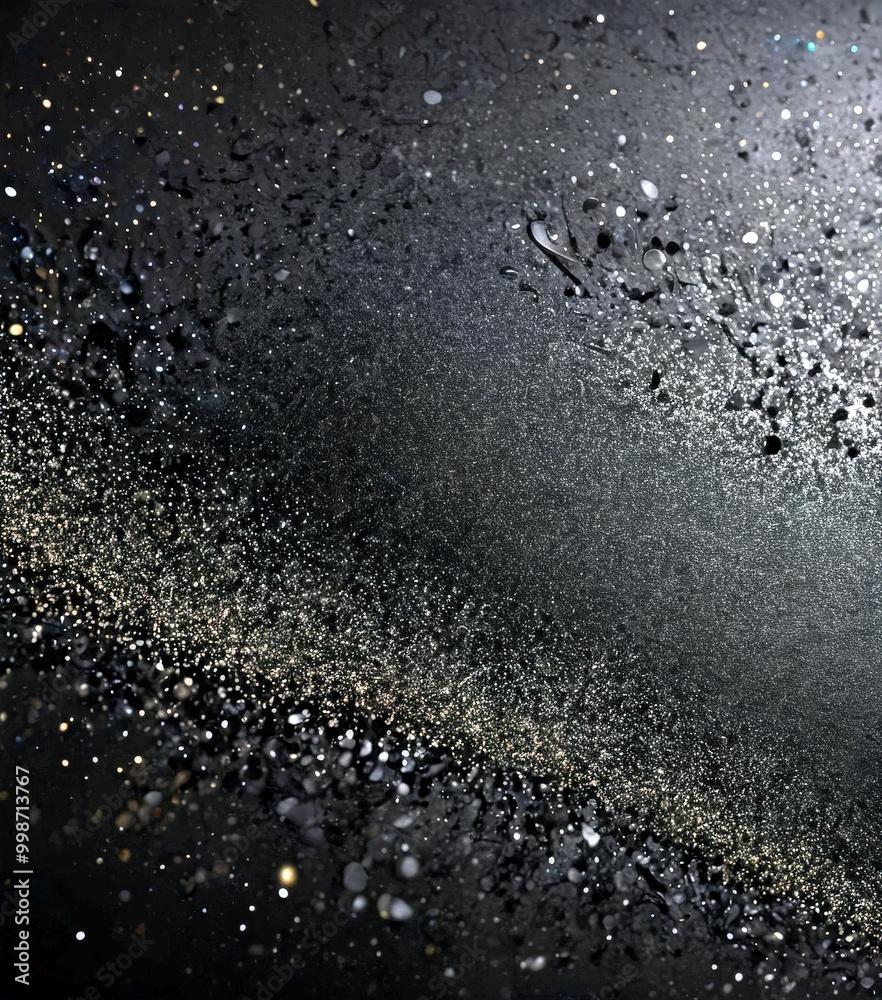 Poster a dark, starry night sky with a multitude of small, glittering particles scattered across the frame, creating a sense of depth and movement