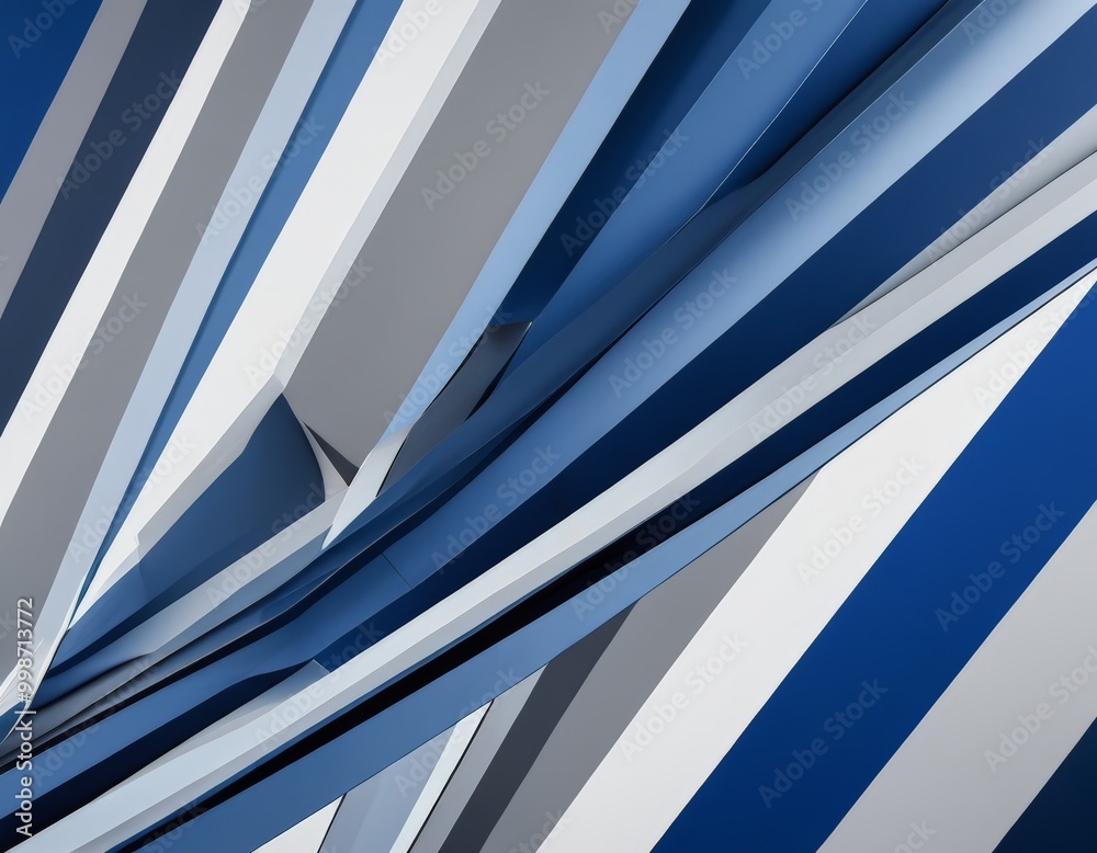 Poster a complex arrangement of intersecting diagonal lines in shades of blue, gray, and white, creating a visually striking abstract pattern