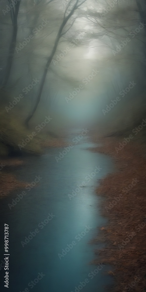 Poster a misty forest path, with a small stream running through it, creates a serene and atmospheric scene.