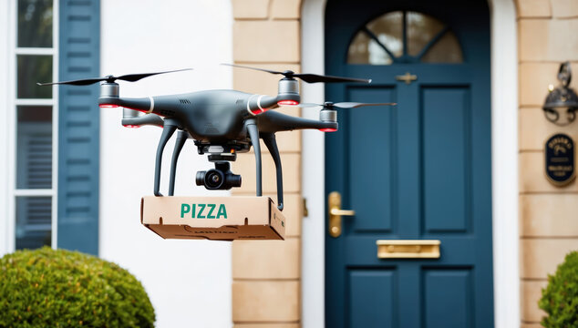 unmanned aerial vehicle (UAV) with a pizza box indicates the concept of contactless food delivery