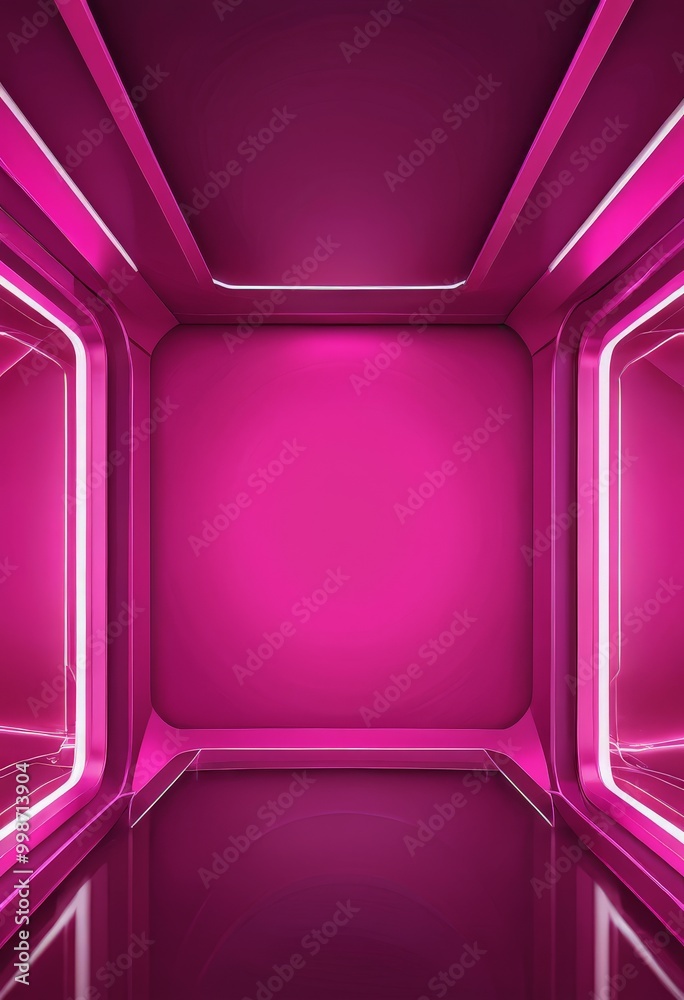 Poster a futuristic, three-dimensional room with a pink and purple color scheme, featuring a reflective flo