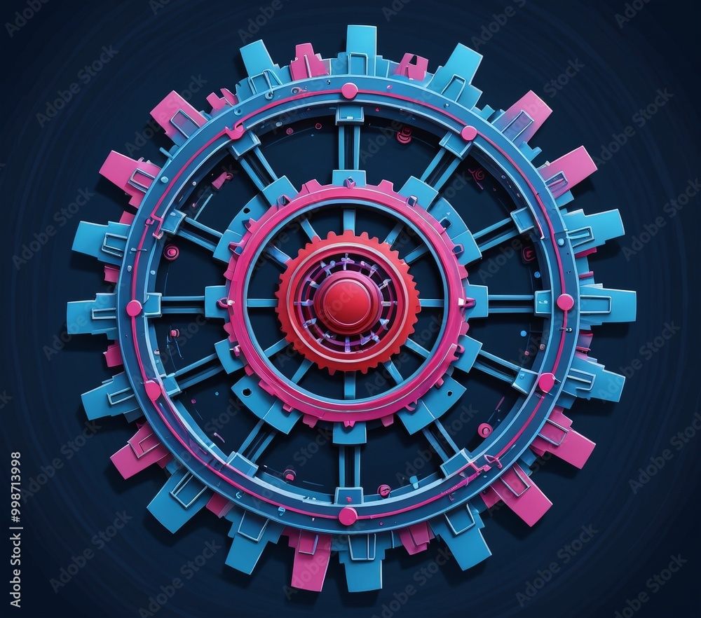 Poster A complex mechanical gear system, featuring a central gear with a red center and a series of interconnected gears in shades of blue and pink