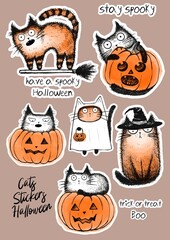 Stickers Funny halloween cats. Holidays monsters.  Illustration of happy halloween animal.