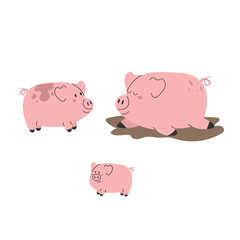 Cute happy pig set. Hand drawn boar, piglet and sow. Vector set. Farm animals.
