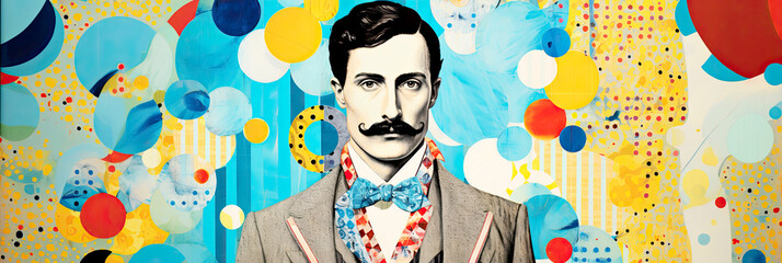 movember banner. Vintage gentleman portrait with abstract colorful background.