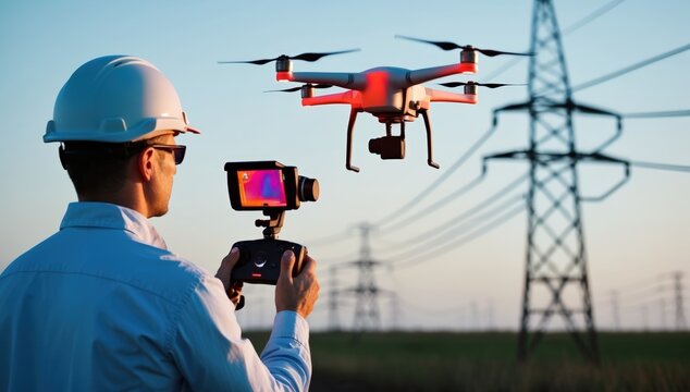 man worker with thermal camera controls drone near power lines