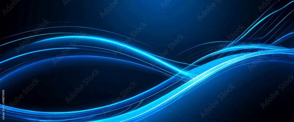 Poster a dark blue background with abstract blue lines and curves, creating a sense of movement and dynamism