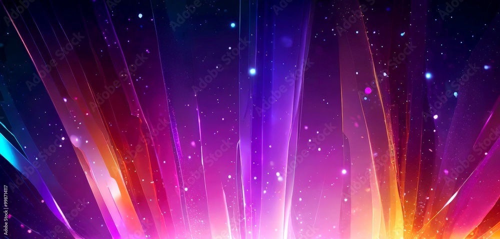 Poster a vibrant, abstract background with a gradient of colors transitioning from purple to orange, and a scattering of small white dots throughout