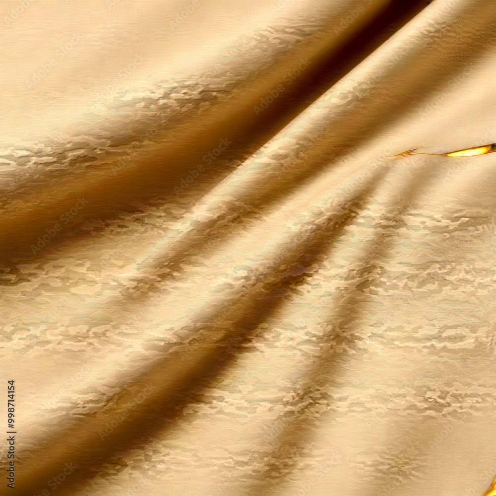 Poster a close-up view beige fabric with a subtle gold pattern, creating a soft, flowing texture