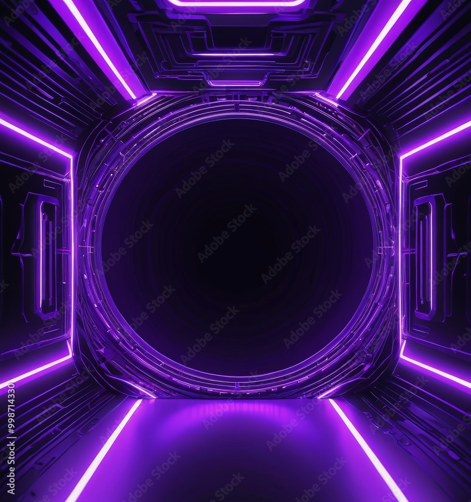 Leinwandbilder A futuristic, neon-lit corridor with a large circular opening at the center, surrounded by a complex network of lines and patterns