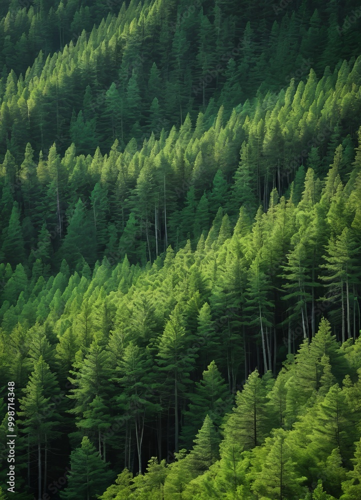 Poster a dense forest of tall, coniferous trees with green needles and brown trunks, creating a lush, verda