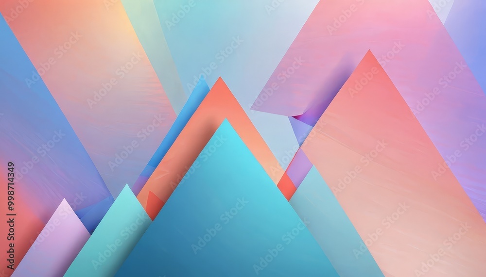 Poster a vibrant abstract composition of overlapping triangles in various shades of blue, pink, and orange,