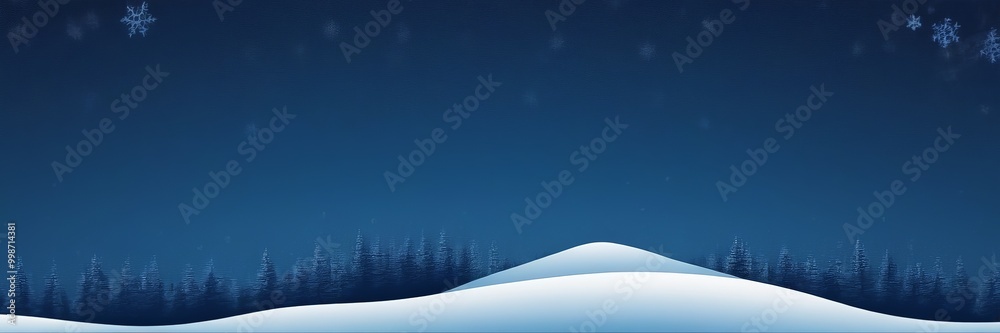Poster a serene winter landscape features a snow-covered hill with a forest of pine trees in the background