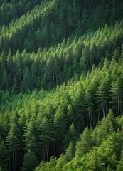 Obraz premium A dense forest of tall, coniferous trees with green needles and brown trunks, creating a lush, verdant landscape