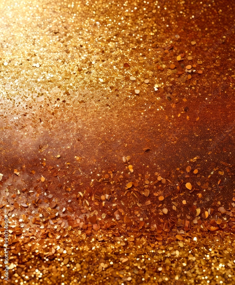Poster a close-up view textured surface with a golden glittery effect, resembling a glittery or glittery go