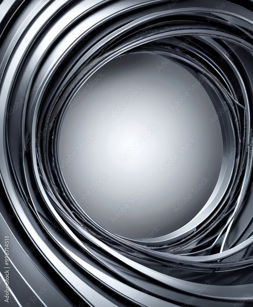 Poster a complex, abstract design composed of curved metallic lines and a central white circle, creating a sense of depth and movement