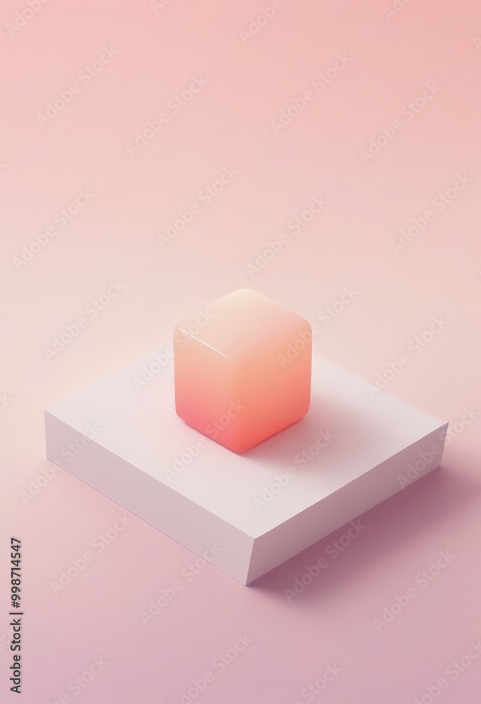 Aufkleber a pink cube rests on a white square base against a gradient pink background