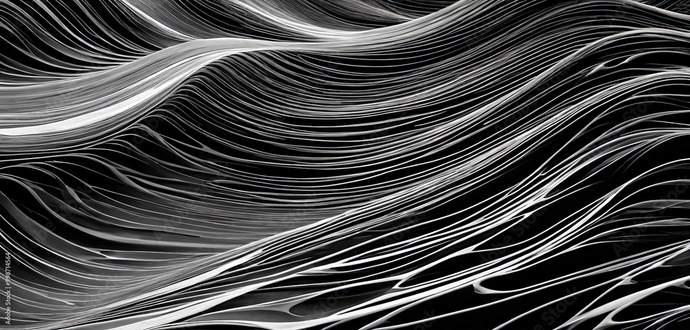 Leinwandbilder a striking black and white photograph of a wave-like pattern composed of thin, parallel lines that create a sense of movement and fluidity.