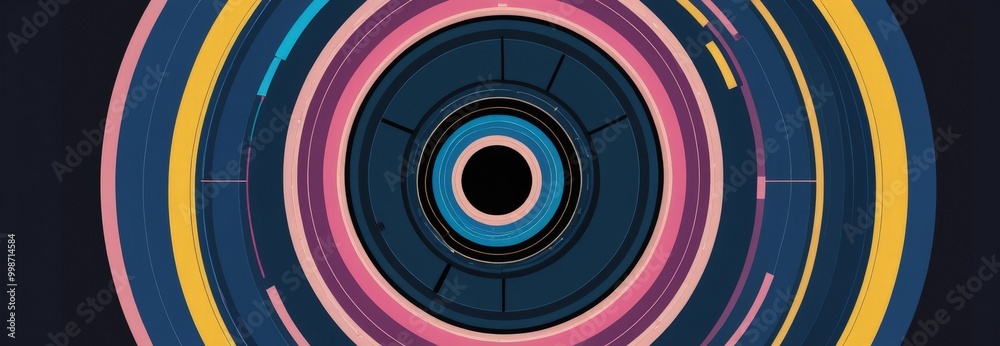 Aufkleber a circular pattern with concentric circles of varying colors, including blue, pink, yellow, and black, creating a visually striking and abstract design