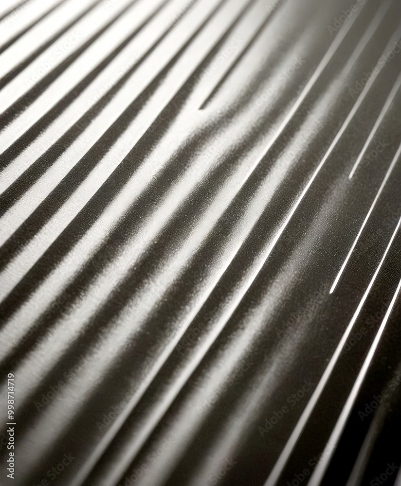 Poster a close-up view metallic surface with a repeating pattern of diagonal lines, creating a sense of movement and texture