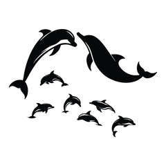 create  black silhouette  dolphin set vector with white background