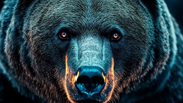 A brown bear stares intently at the camera, its eyes glowing in the dark