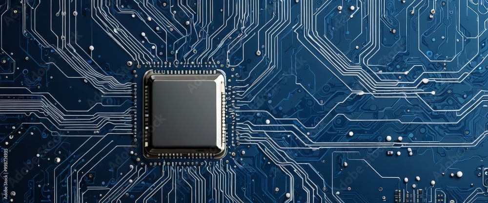 Poster A circuit board with a central CPU and intricate blue and white lines