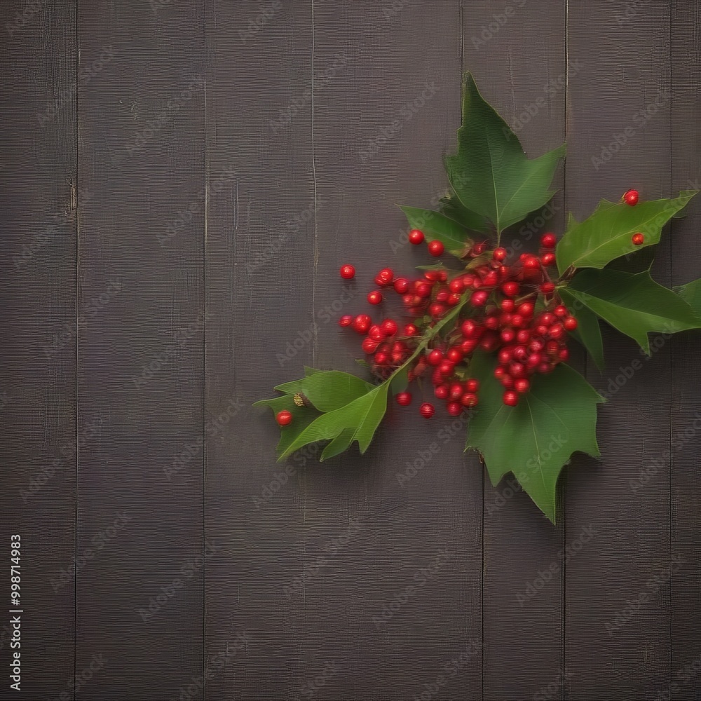 Poster a branch of red berries and green leaves rests on a dark wooden surface, creating a striking contras