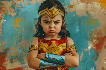 Fototapeta premium Pop art image of a little girl with crossed arms and a sulky expression on her face. Toddler in a super hero costume having a tantrum with copy space.