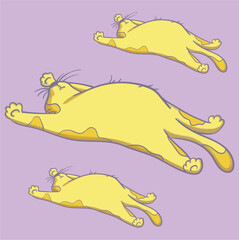 Vector illustration of a yellow cat lying down and stretching in various poses. Perfect for fun and relaxing designs.
