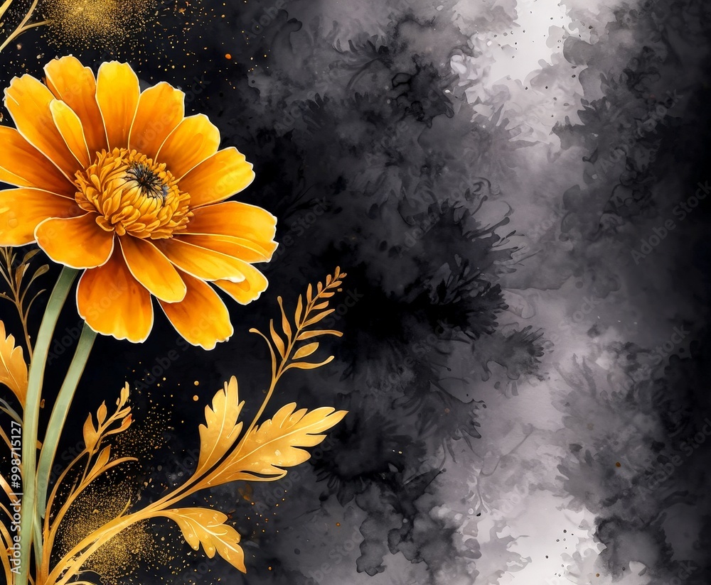 Poster a vibrant yellow flower with a dark center stands out against a black and white abstract background,