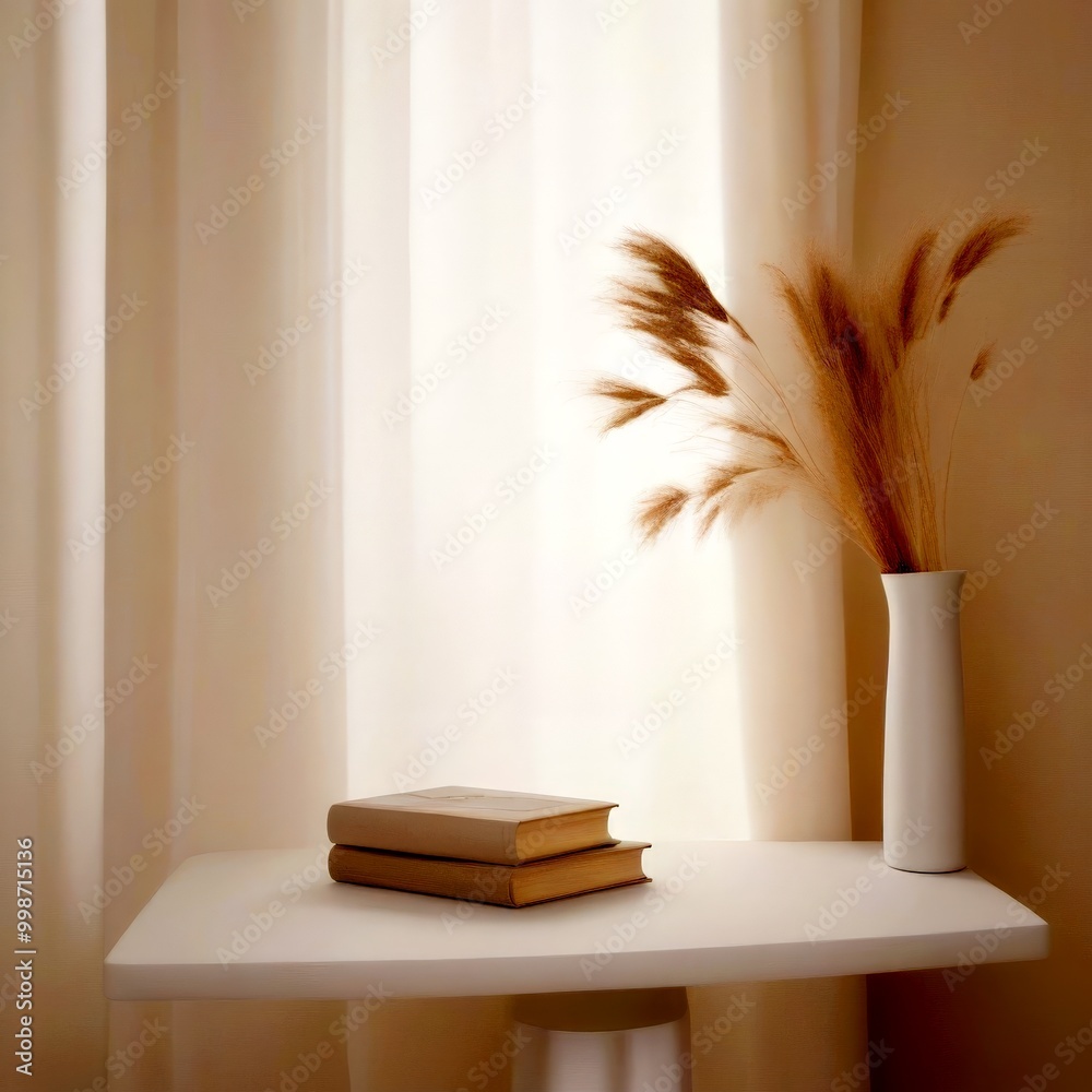 Aufkleber a minimalist white table with two books and a vase of dried grass sits against a light-colored wall,