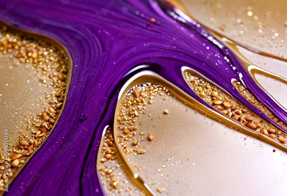 Aufkleber a close-up view purple liquid with gold glitter and small grains, creating a visually striking and a