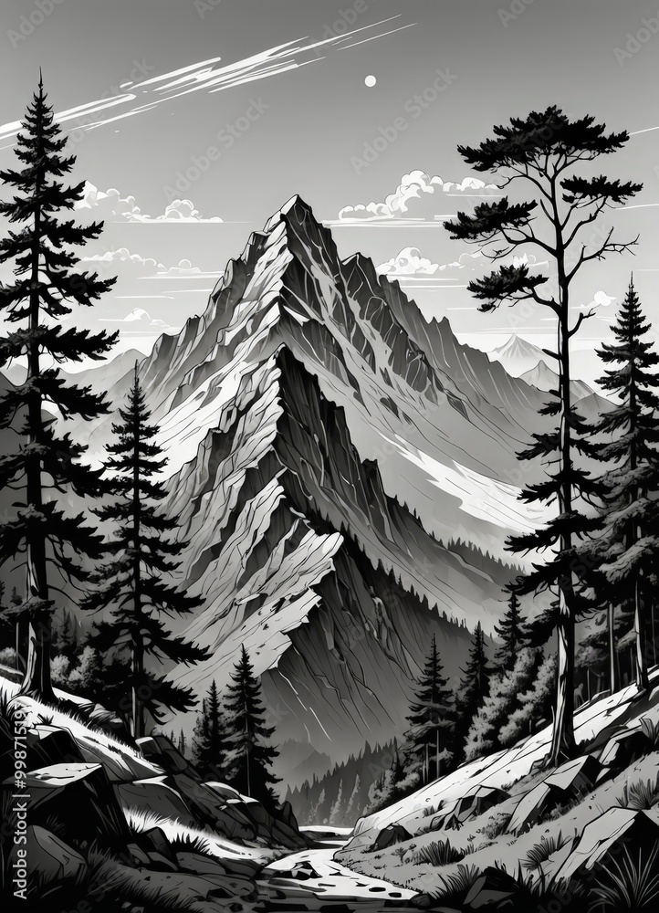 Poster a majestic mountain range with a winding path, surrounded by pine trees and a cloudy sky, is depicte