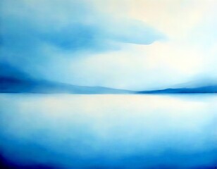 Fototapeta premium a serene landscape with a calm body of water reflecting the light blue sky The horizon line is visible in the distance, and the sky is filled with soft, wispy clouds The