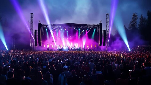 A large crowd enjoys a concert under the night sky, lit by colorful stage lights - Powered by Adobe