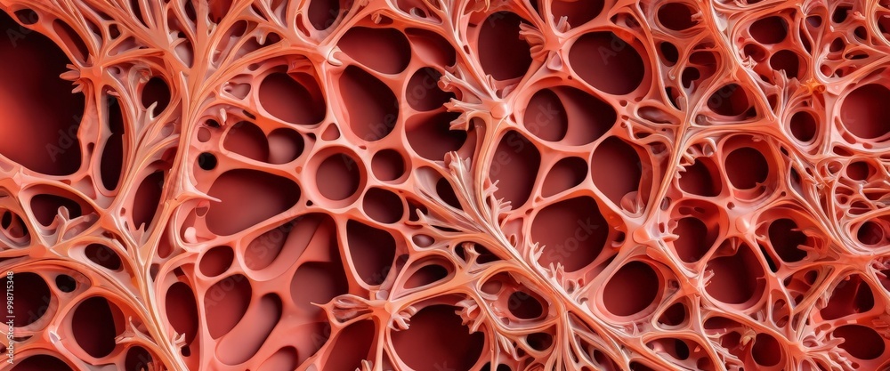 Leinwandbilder a close-up view of a complex, intricate pattern of red and orange organic shapes resembling a tree or a network of interconnected branches.