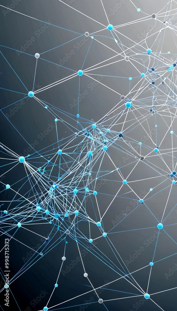 Poster a complex network of interconnected lines and dots, resembling a web or a network of interconnected nodes, against a dark background