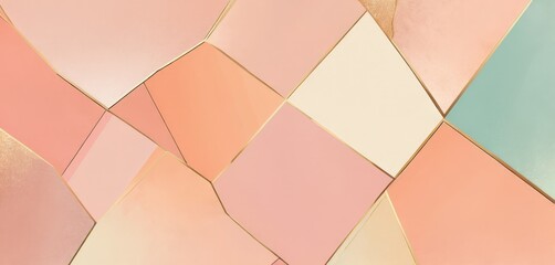 A geometric pattern composed of overlapping diamond shapes in various pastel colors, including pink, peach, and mint, with gold lines connecting the diamonds
