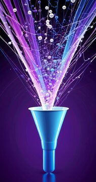 A blue cone-shaped object with a white base and a blue body, emitting a stream of purple and pink light, against a purple background