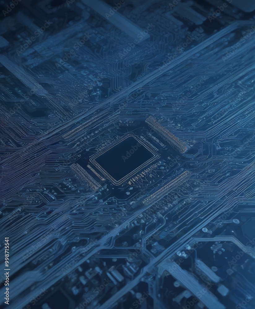 Poster a close-up view complex circuit board, with intricate patterns and traces of various colors, including shades of blue, black, and silver