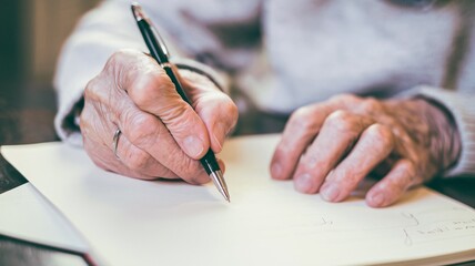 Close-up shot of elderly hands carefully writing in a notebook with a pen. The image evokes feelings of reminiscence, journaling, storytelling, and the passage of time. 