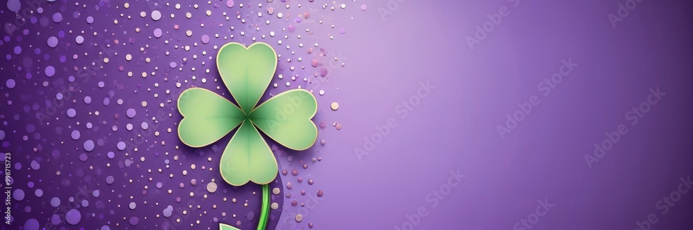 Poster a vibrant green clover with four leaves is centered against a purple background adorned with white p