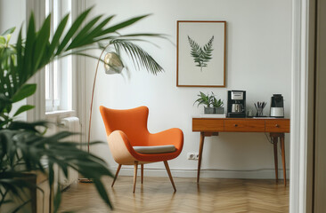 Vibrant mid-century modern home interior with a retro orange chair, white walls, wooden floor, and plants, with vintage wall art and stylish decor