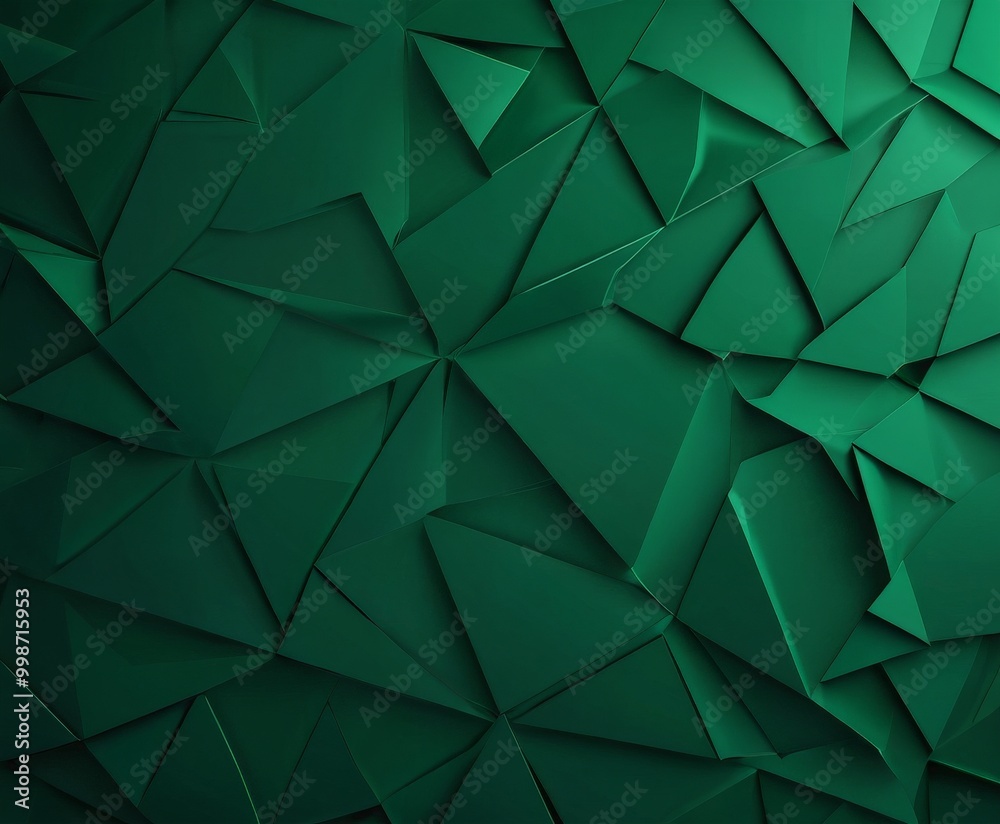 Poster a 3D of a green geometric pattern composed of numerous triangular shapes, creating a visually striking and abstract design.